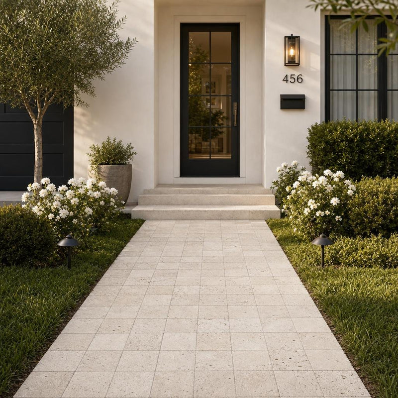 Antique Light Travertine Paver 6x6 Tumbled — Front Yard walkway