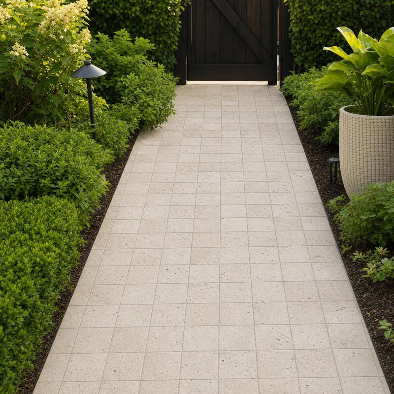 Antique Light Travertine Paver 6x6 Tumbled — Garden path