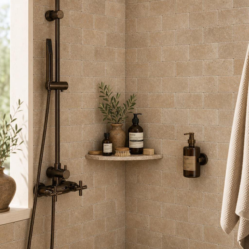 Antique Noce 3x6 Subway Tumbled Travertine Tile — Bathroom shower wall