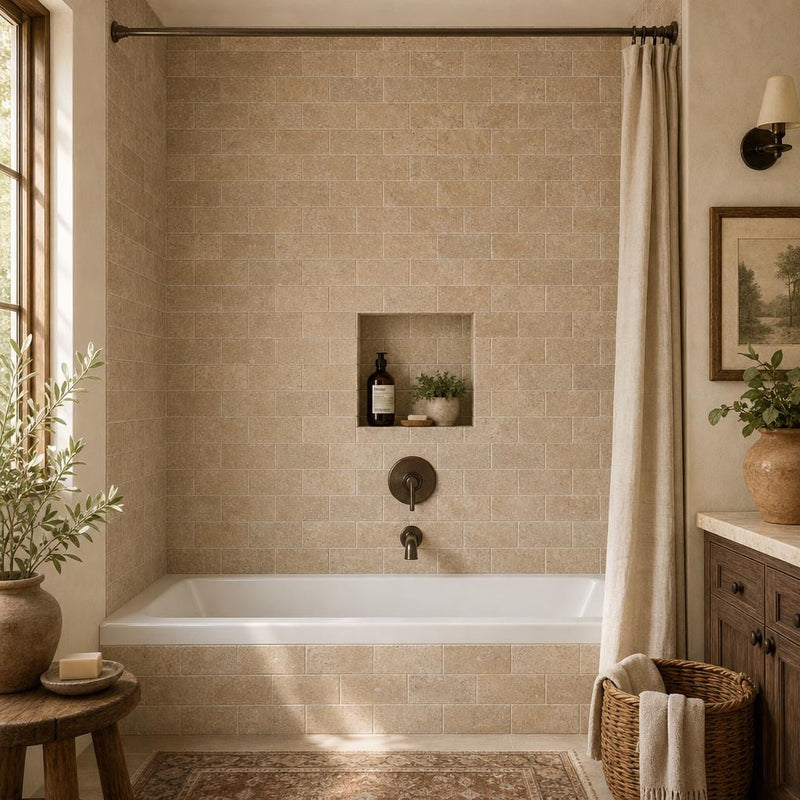 Antique Noce 3x6 Subway Tumbled Travertine Tile — Bathroom tub surround