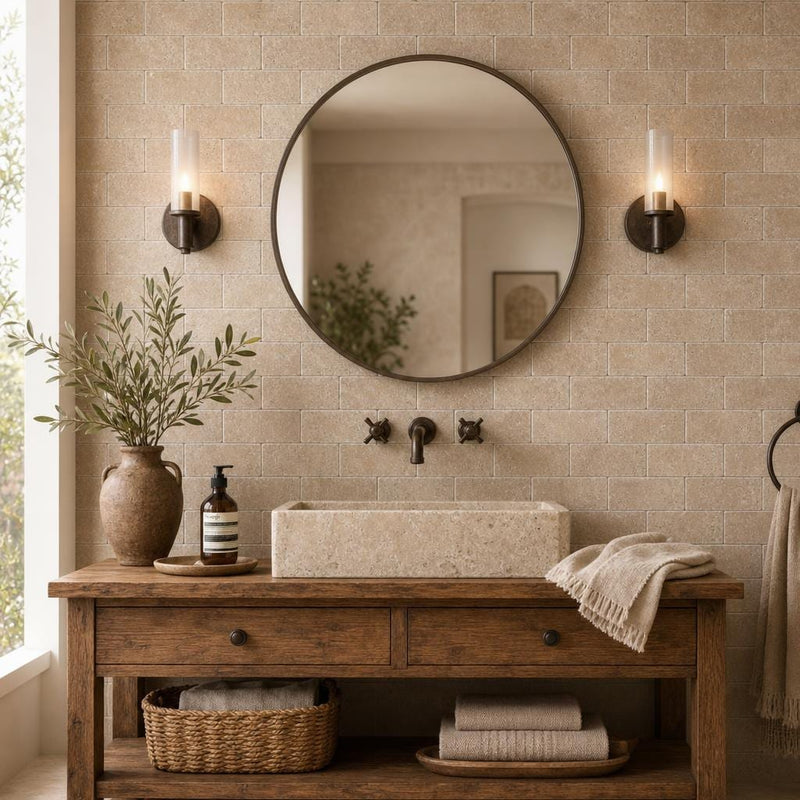 Antique Noce 3x6 Subway Tumbled Travertine Tile — Bathroom wall
