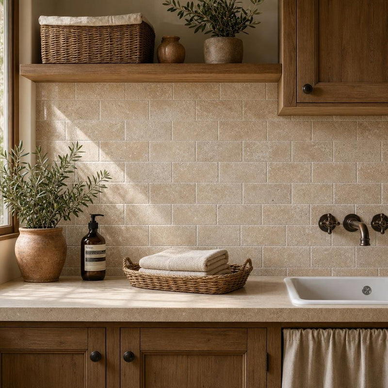 Antique Noce 3x6 Subway Tumbled Travertine Tile — Laundry Room backsplash