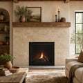 Antique Noce 3x6 Subway Tumbled Travertine Tile — Living Room fireplace surround