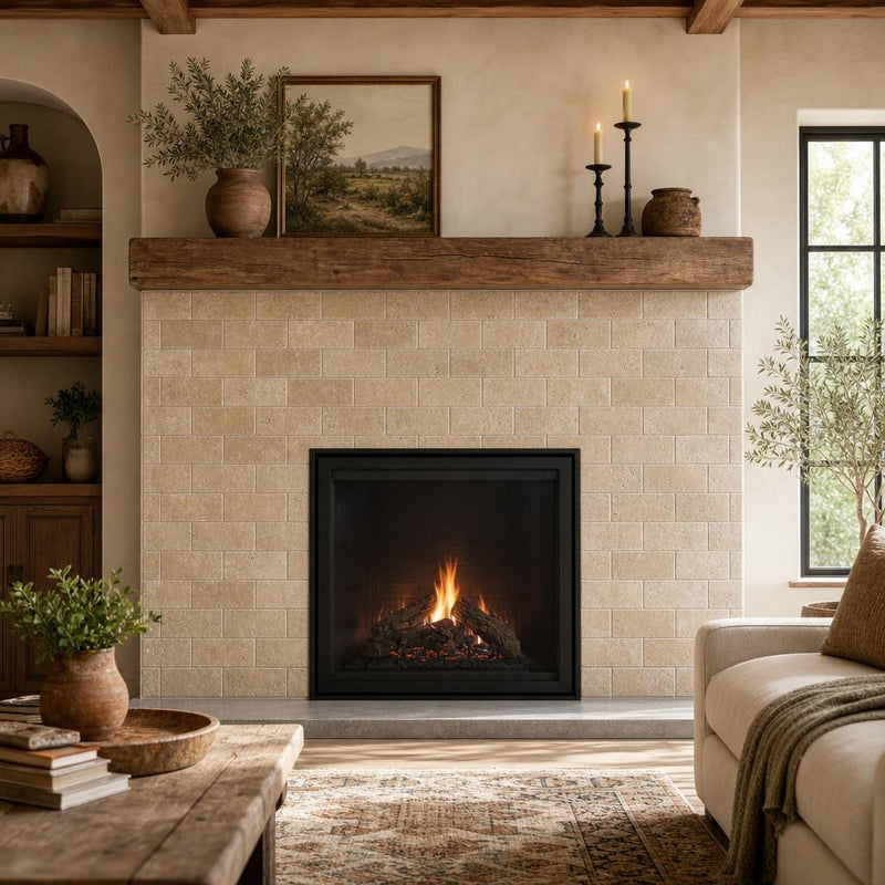 Antique Noce 3x6 Subway Tumbled Travertine Tile — Living Room fireplace surround