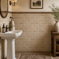 Antique Noce 3x6 Subway Tumbled Travertine Tile — Powder Room wainscot