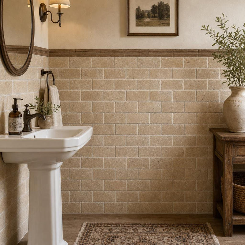 Antique Noce 3x6 Subway Tumbled Travertine Tile — Powder Room wainscot