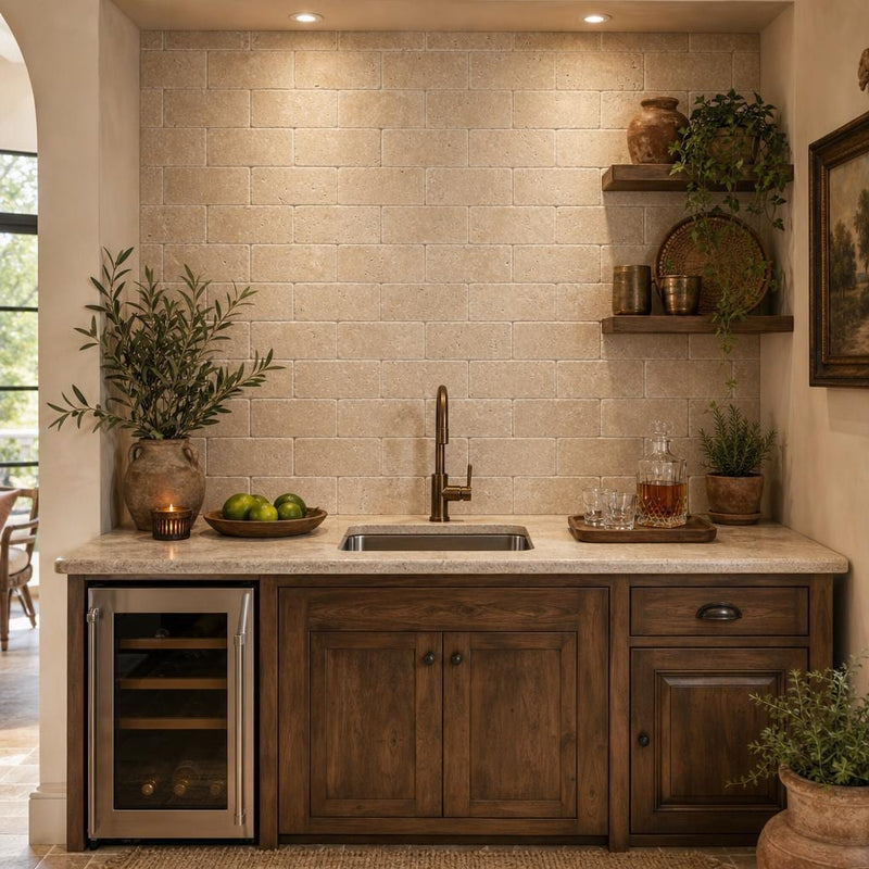 Antique Noce 3x6 Subway Tumbled Travertine Tile — Wet Bar backsplash