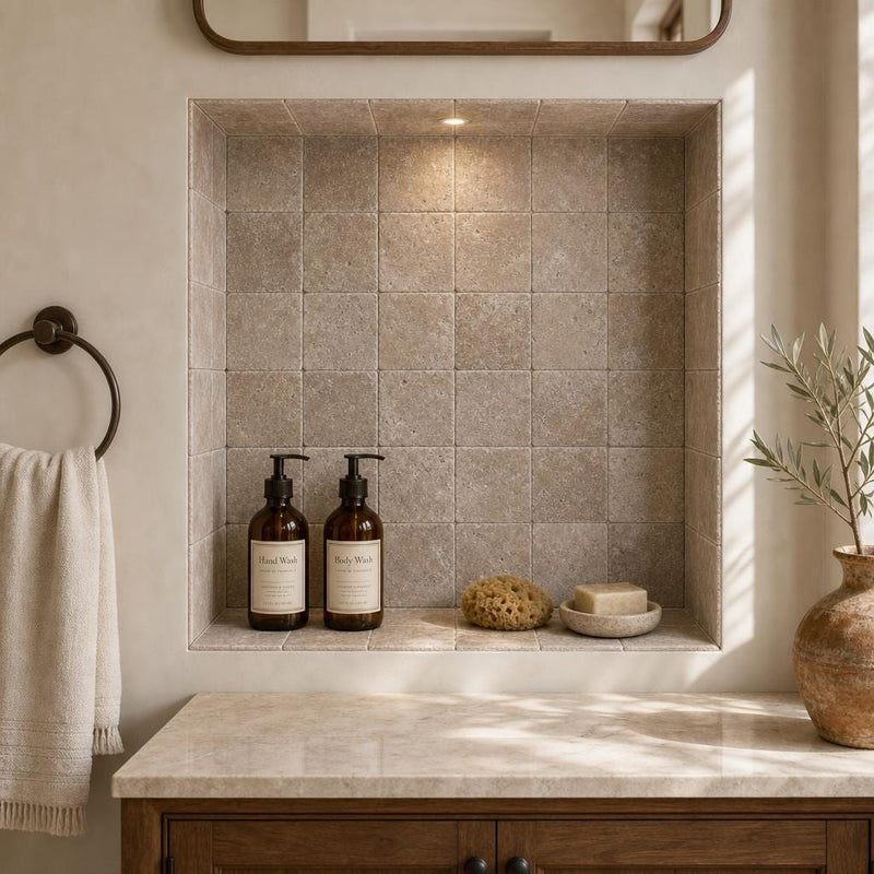 Antique Noce 4x4 Tumbled Travertine Tile — Bathroom niche