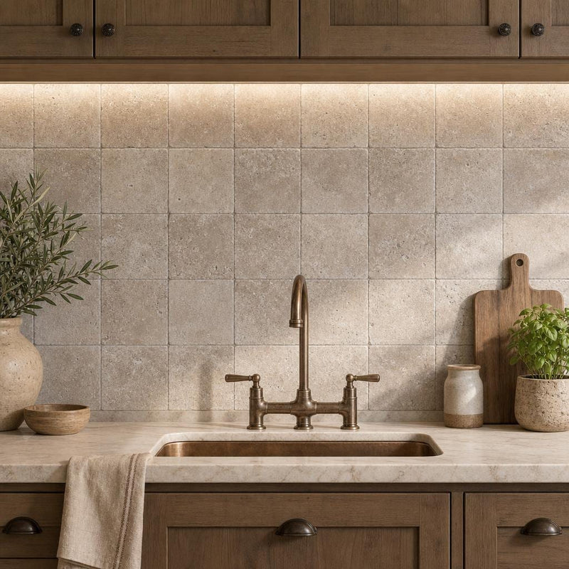 Antique Noce 4x4 Tumbled Travertine Tile — Kitchen backsplash