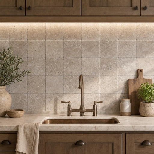 Antique Noce 4x4 Tumbled Travertine Tile — Kitchen backsplash