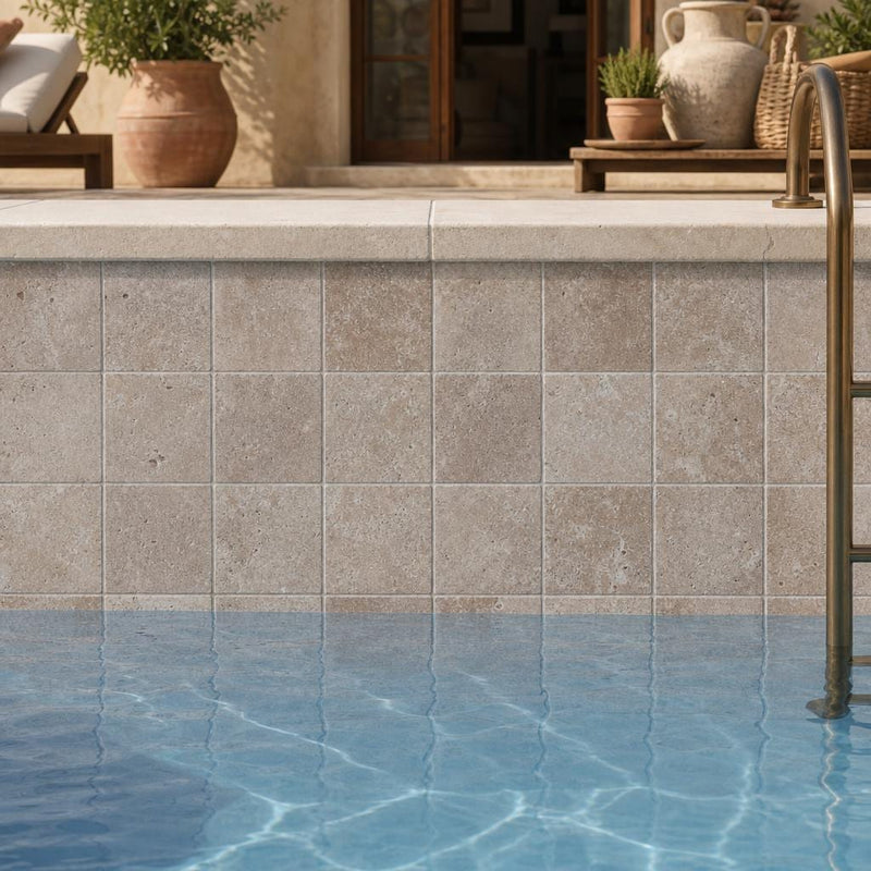 Antique Noce 4x4 Tumbled Travertine Tile — Swimming Pool waterline