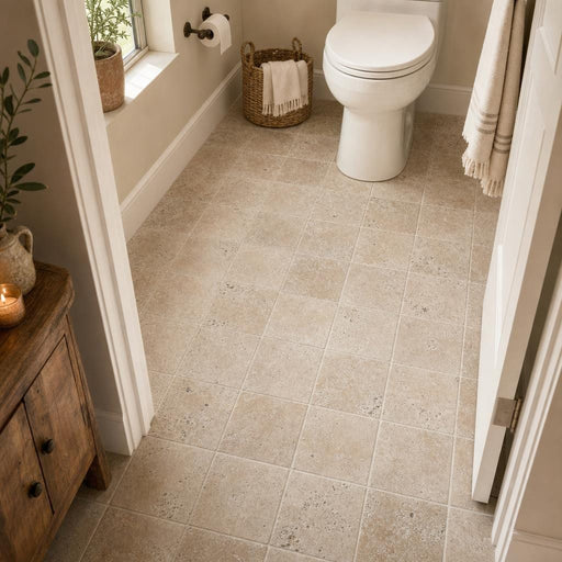 Antique Noce 6x6 Tumbled Travertine Tile — Bathroom floor