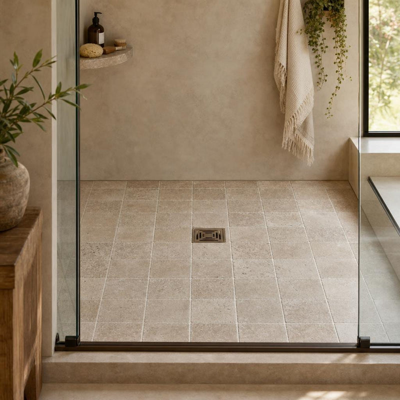 Antique Noce 6x6 Tumbled Travertine Tile — Bathroom shower floor