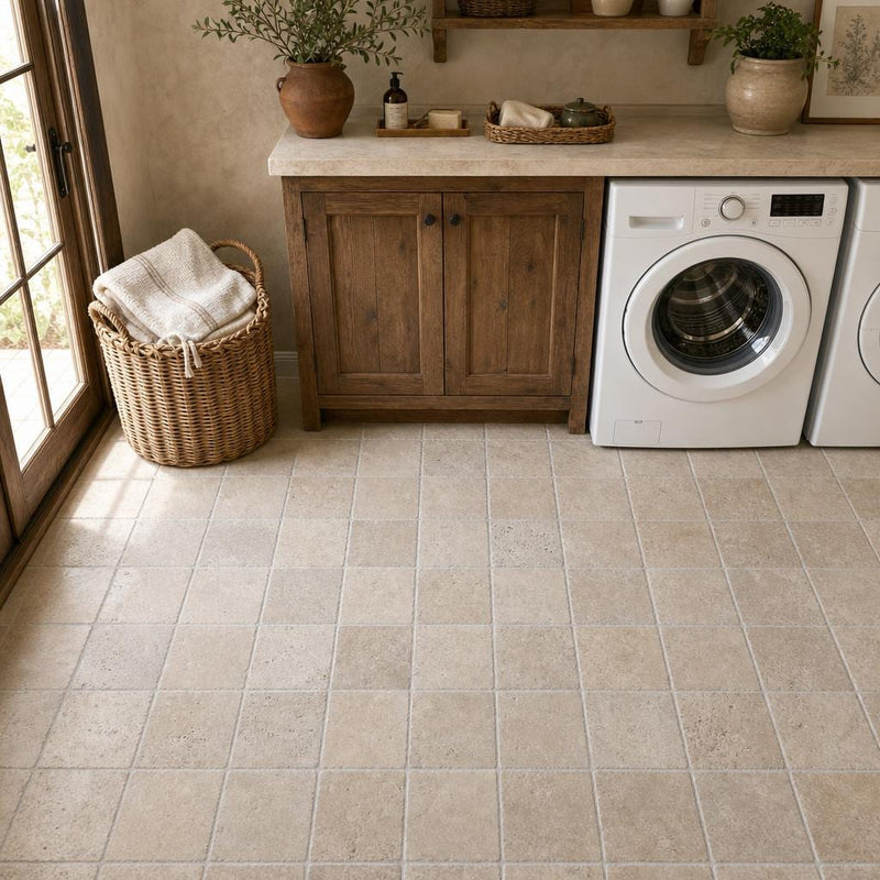 Antique Noce 6x6 Tumbled Travertine Tile — Laundry Room floor