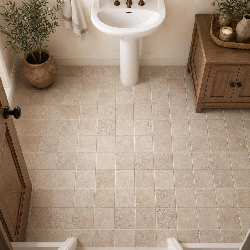 Antique Noce 6x6 Tumbled Travertine Tile — Powder Room floor