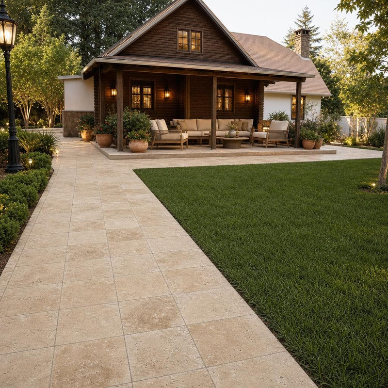 Antique Noce 8x8 Tumbled Travertine Paver — Backyard patio