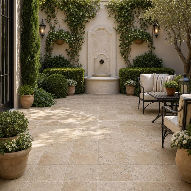 Antique Noce 8x8 Tumbled Travertine Paver — Courtyard paving