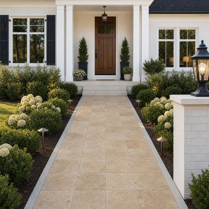 Antique Noce 8x8 Tumbled Travertine Paver — Front Yard walkway