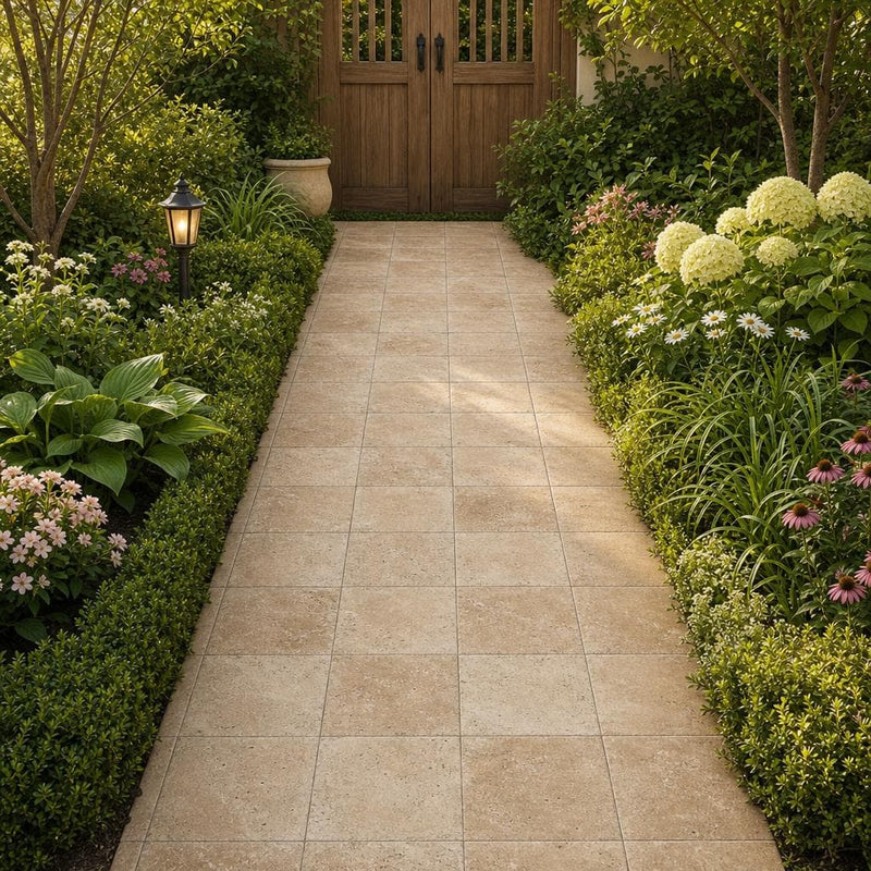 Antique Noce 8x8 Tumbled Travertine Paver — Garden path