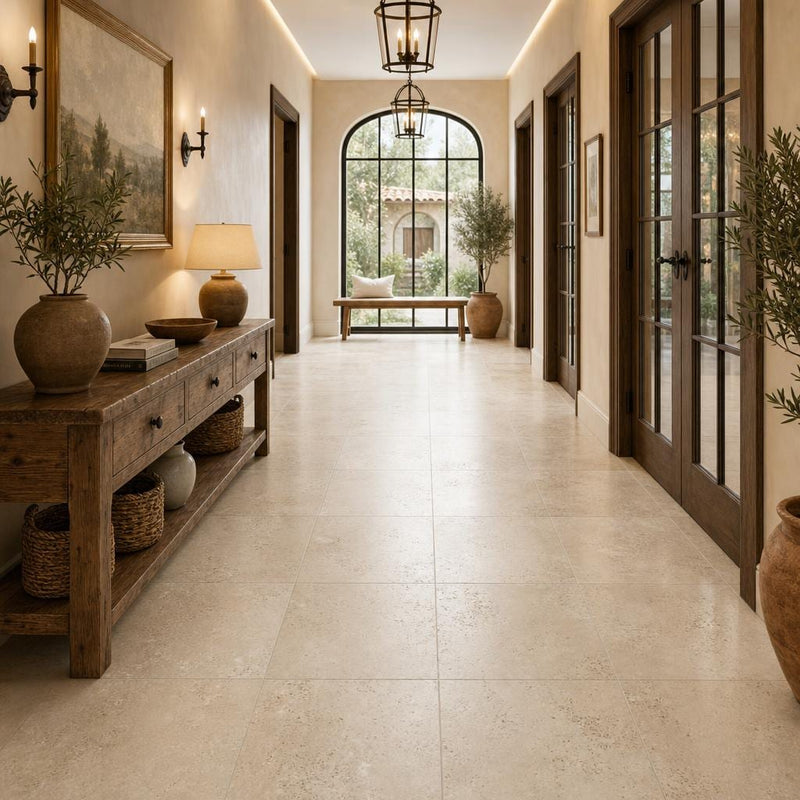 Antique Travertine Classico 18x18 Tumbled Tile — Hallway floor