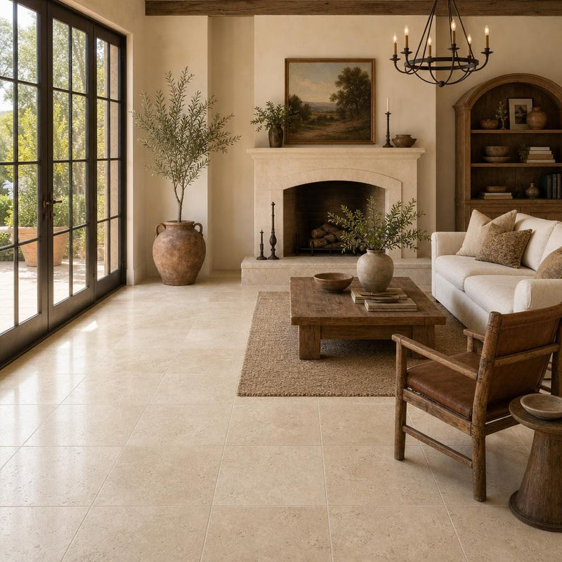 Antique Travertine Classico 18x18 Tumbled Tile — Living Room floor