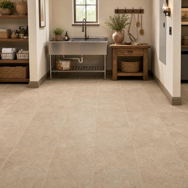 Antique Travertine Noce 12x12 Tumbled Tile — Basement floor