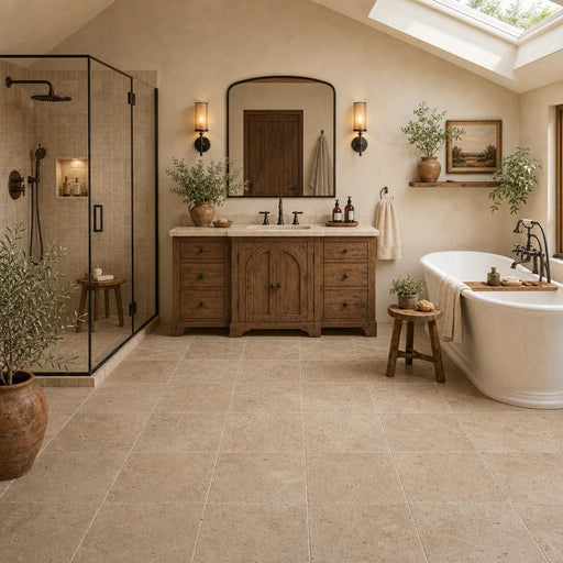 Antique Travertine Noce 12x12 Tumbled Tile — Bathroom floor