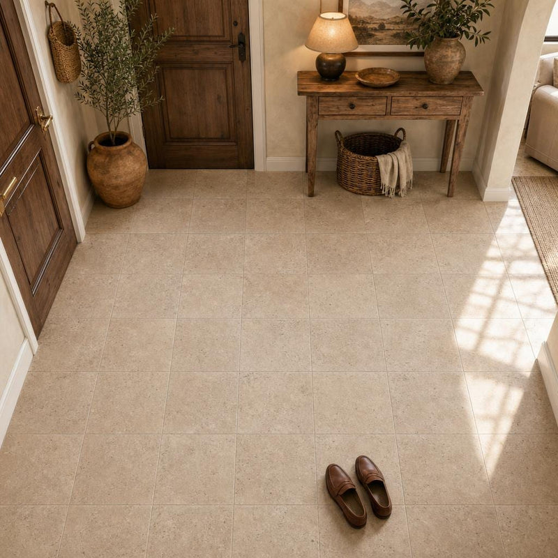 Antique Travertine Noce 12x12 Tumbled Tile — Foyer floor