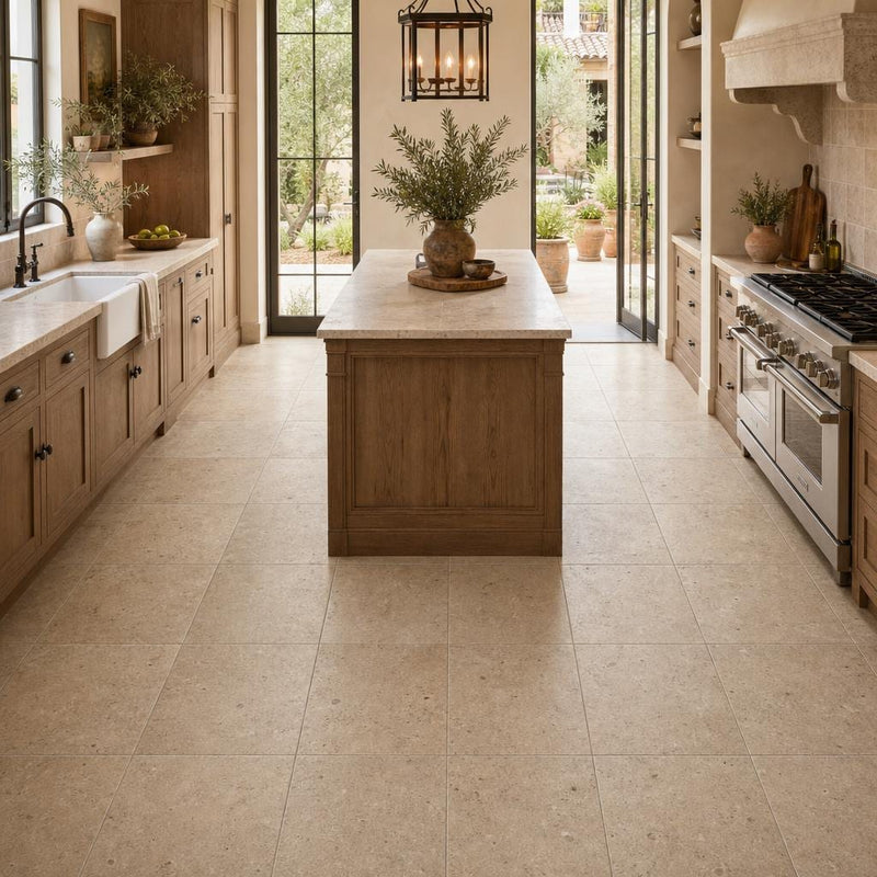 Antique Travertine Noce 12x12 Tumbled Tile — Kitchen floor