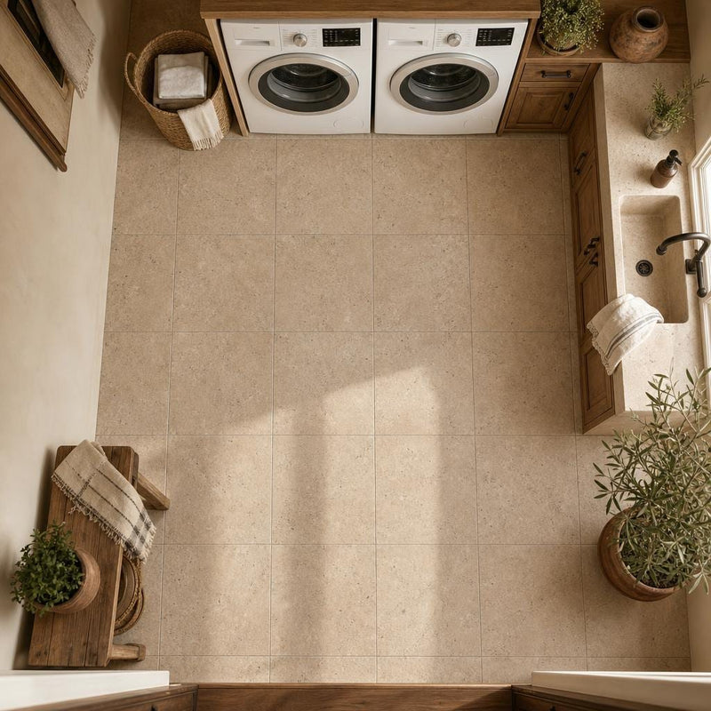 Antique Travertine Noce 12x12 Tumbled Tile — Laundry Room floor