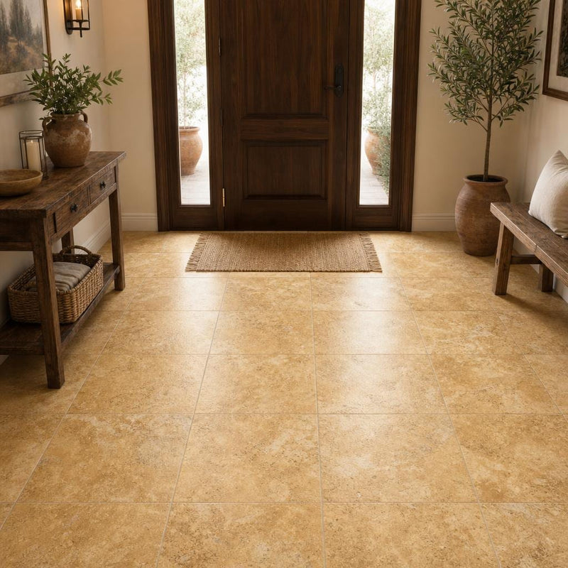 Antique Travertine Tuscany Gold 18x18 Tumbled Tile — Foyer floor