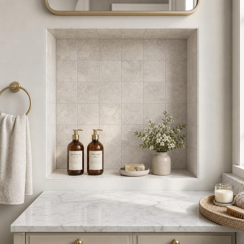 Antique Tundra Grey 4x4 Tumbled Marble Tile — Bathroom niche