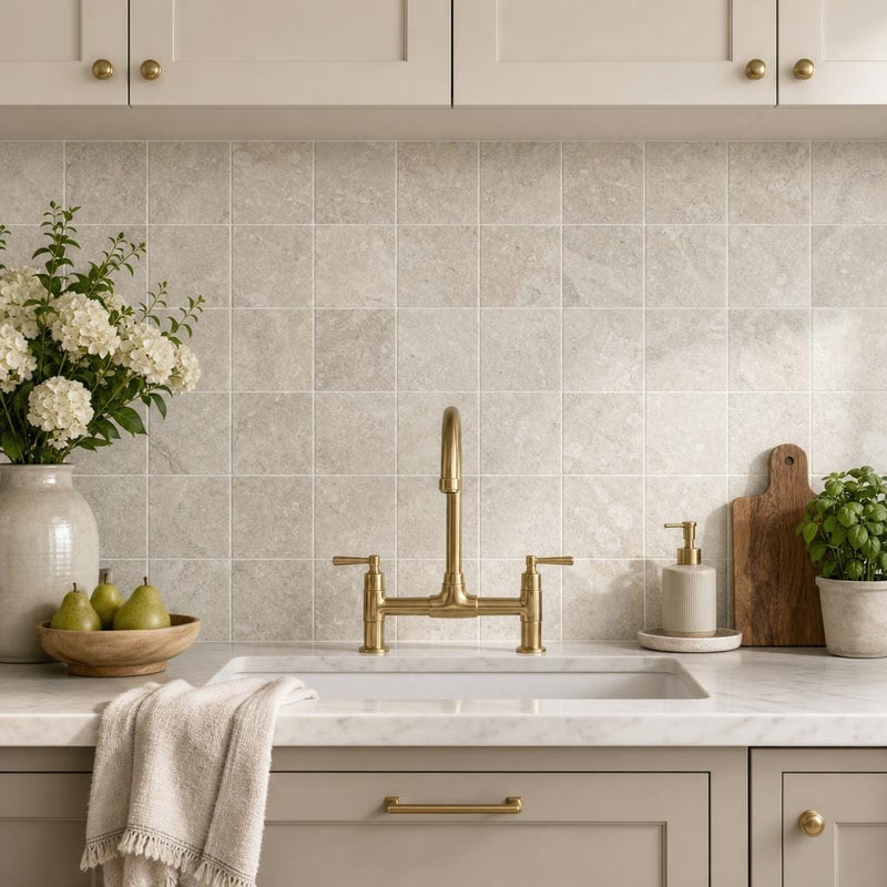 Antique Tundra Grey 4x4 Tumbled Marble Tile — Kitchen backsplash