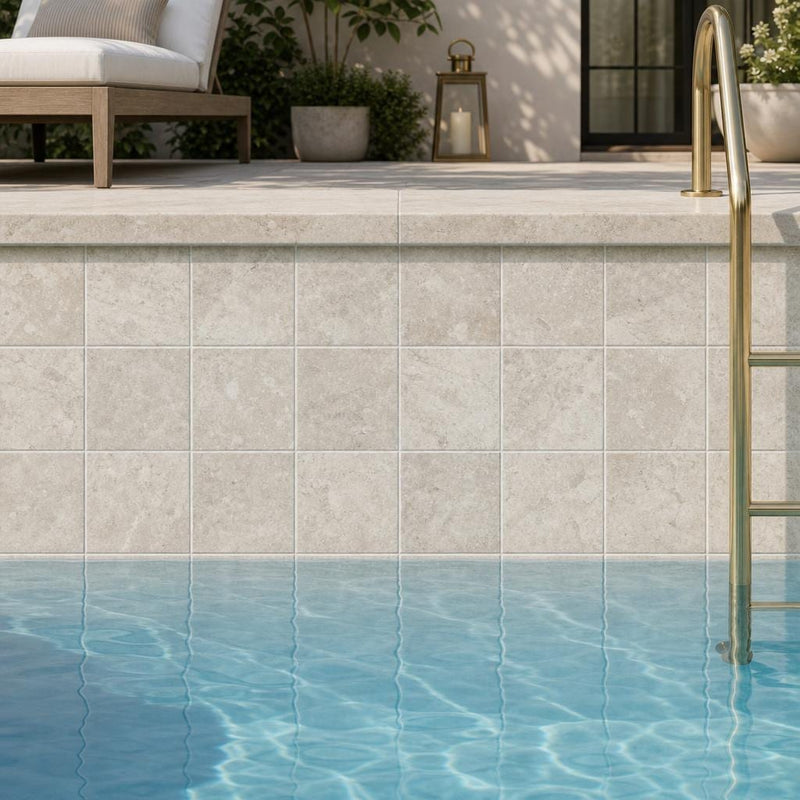 Antique Tundra Grey 4x4 Tumbled Marble Tile — Swimming Pool waterline