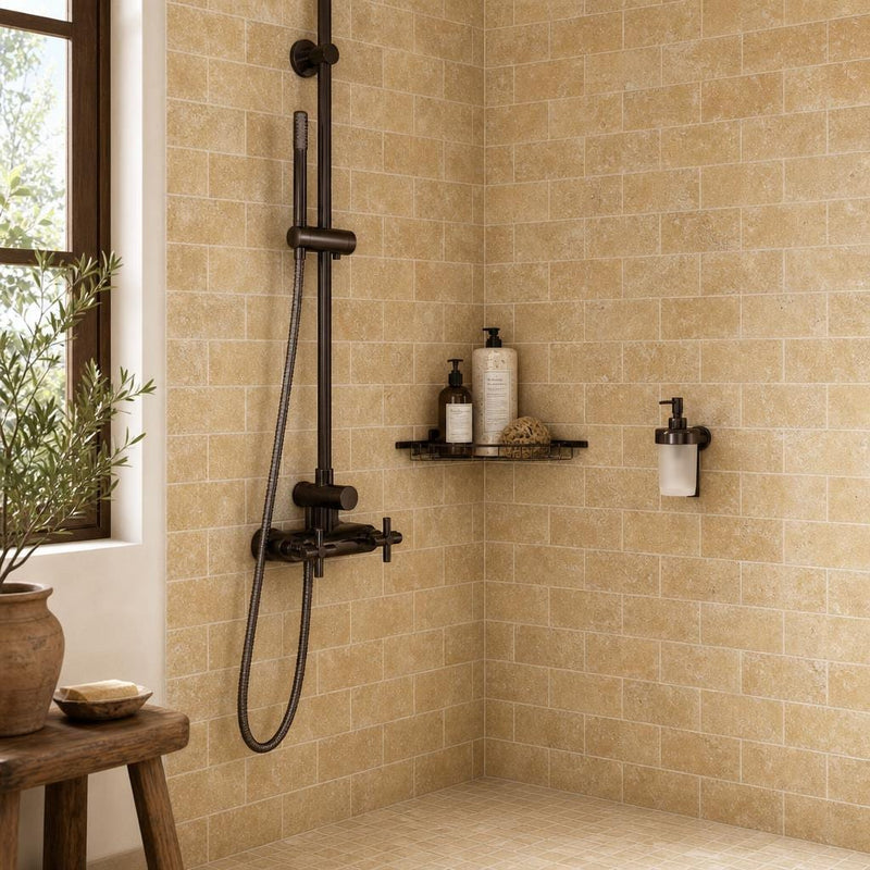 Antique Yellow 3x6 Subway Tumbled Travertine Tile — Bathroom shower wall