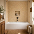 Antique Yellow 3x6 Subway Tumbled Travertine Tile — Bathroom tub surround