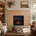 Antique Yellow 3x6 Subway Tumbled Travertine Tile — Living Room fireplace surround