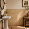 Antique Yellow 3x6 Subway Tumbled Travertine Tile — Powder Room wainscot