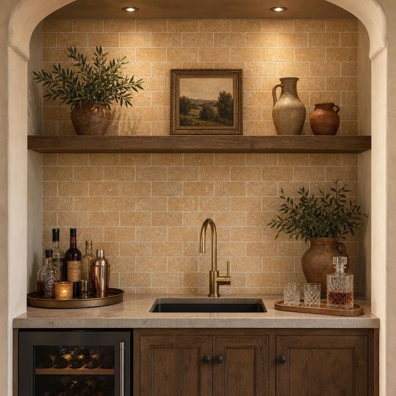 Antique Yellow 3x6 Subway Tumbled Travertine Tile — Wet Bar backsplash