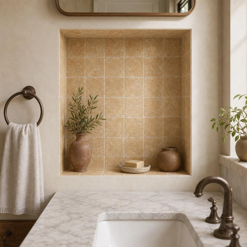 Antique Yellow (Tuscany Gold) 4x4 Tumbled Travertine Tile — Bathroom niche