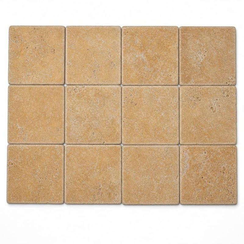 Antique Yellow (Tuscany Gold) 4x4 Tumbled Travertine Tile close-up