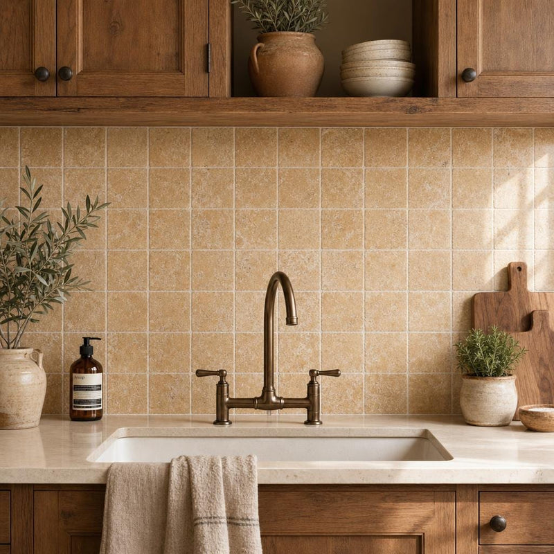 Antique Yellow (Tuscany Gold) 4x4 Tumbled Travertine Tile — Kitchen backsplash
