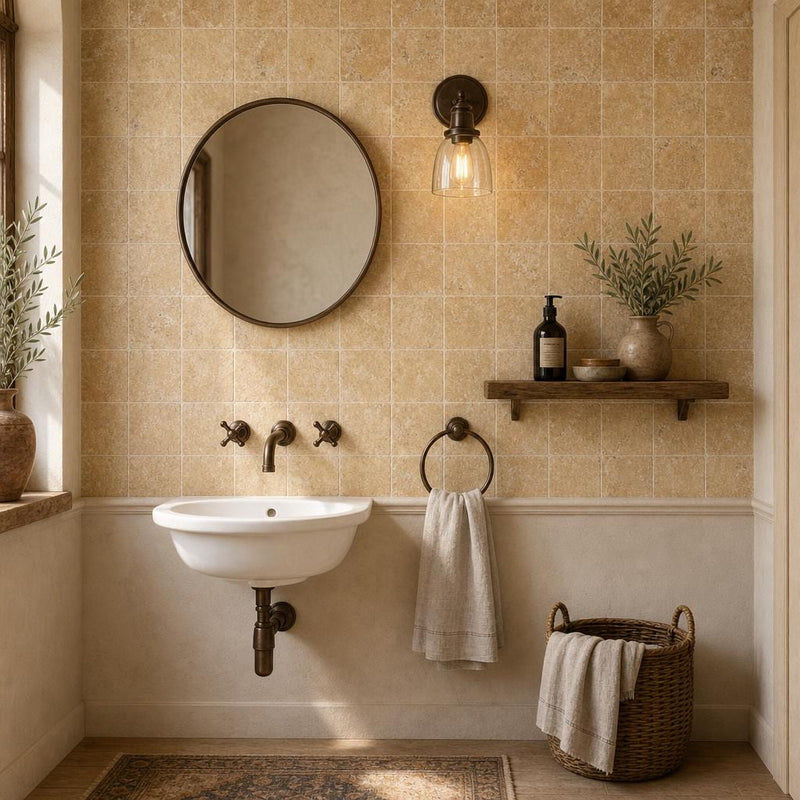 Antique Yellow (Tuscany Gold) 4x4 Tumbled Travertine Tile — Powder Room wall