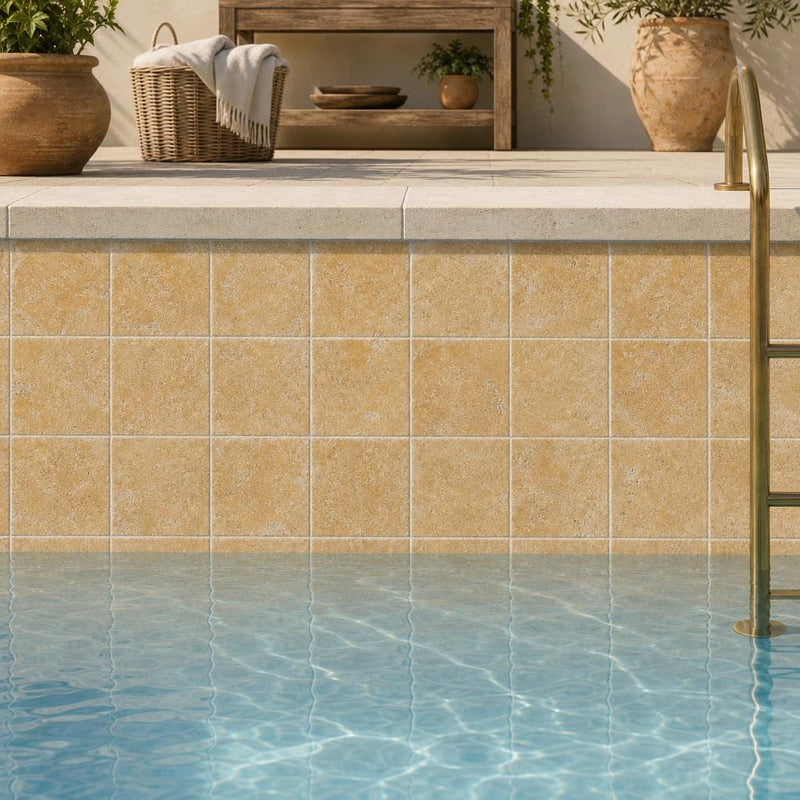 Antique Yellow (Tuscany Gold) 4x4 Tumbled Travertine Tile — Swimming Pool waterline