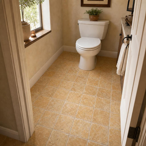 Antique Yellow (Tuscany Gold) 6x6 Tumbled Travertine Tile — Bathroom floor