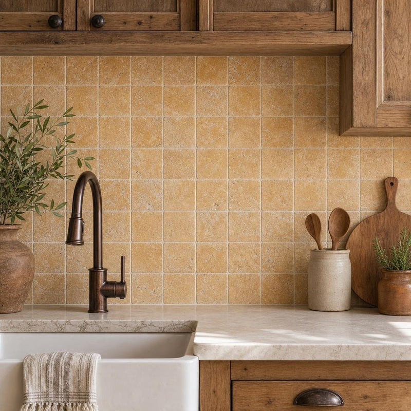 Antique Yellow (Tuscany Gold) 6x6 Tumbled Travertine Tile — Kitchen backsplash