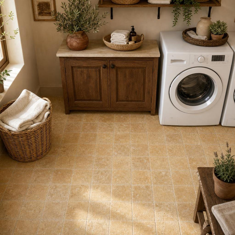 Antique Yellow (Tuscany Gold) 6x6 Tumbled Travertine Tile — Laundry Room floor