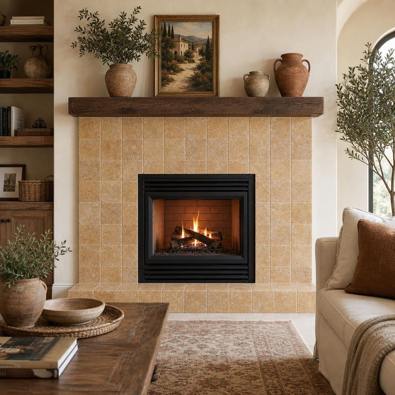 Antique Yellow (Tuscany Gold) 6x6 Tumbled Travertine Tile — Living Room fireplace surround