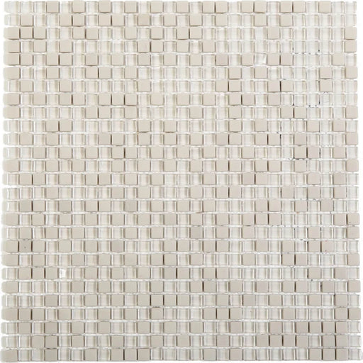 Apex Ivory 3/8-inch 12x12 mesh glass mix mosaic tile with ivory and clear square pieces.