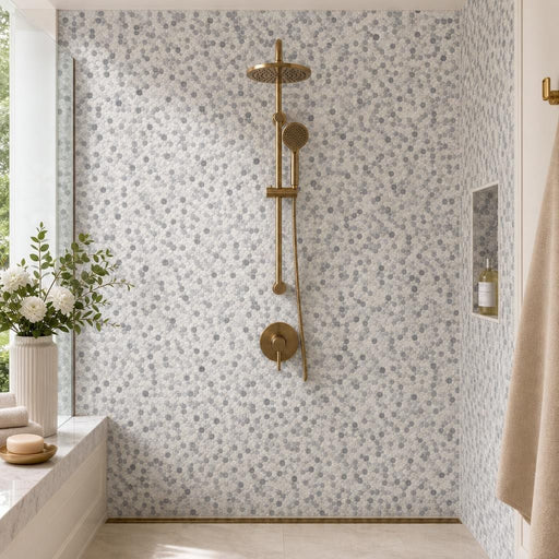 Aphrodite Calacatta Grey 2x2 Marble Mosaic — Bathroom shower wall